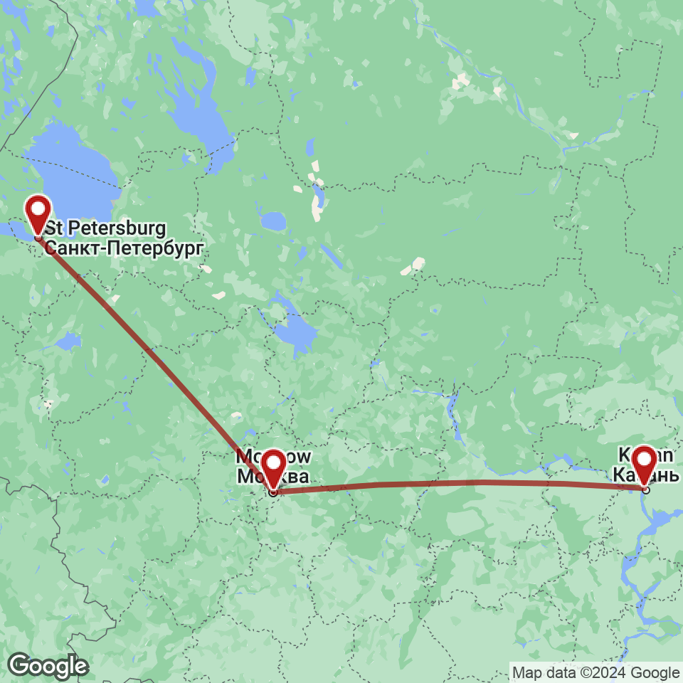Route for St. Petersburg, Moscow, Kazan tour